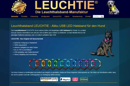 Webpräsenz der LEUCHTIE Leuchthalsband Manufaktur